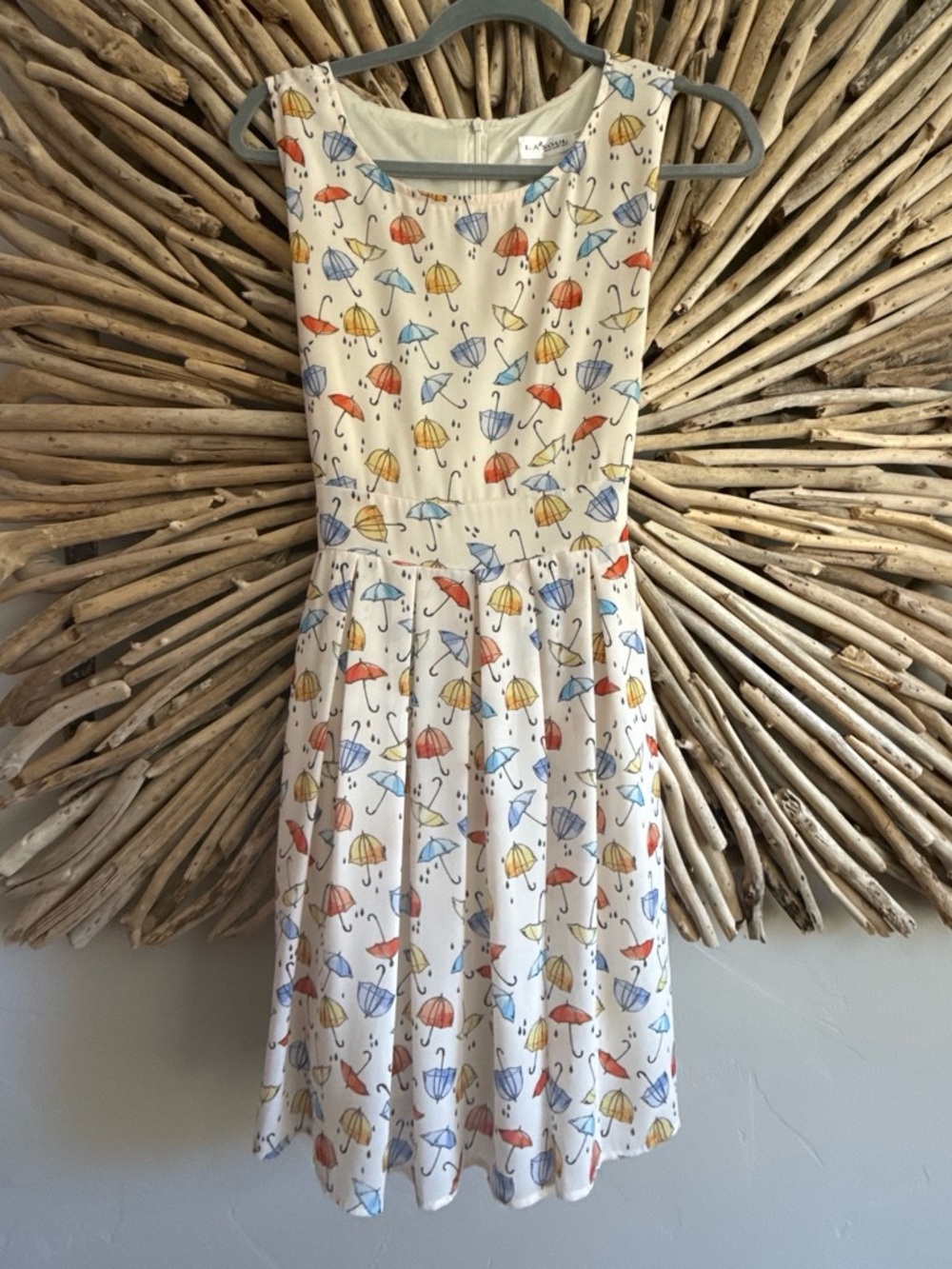 LK Bennett Kids Cream Dress with Blue, Yellow and Red Umbrella Print